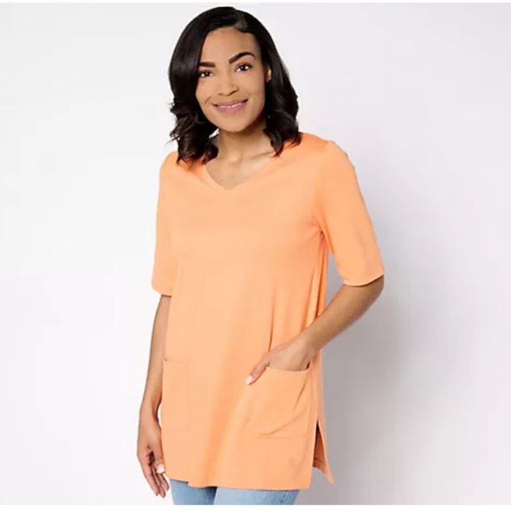 Isaac Mizrahi Live! Essentials Pima Cotton V-Neck Top w/ Slits-Apricot Tart, M